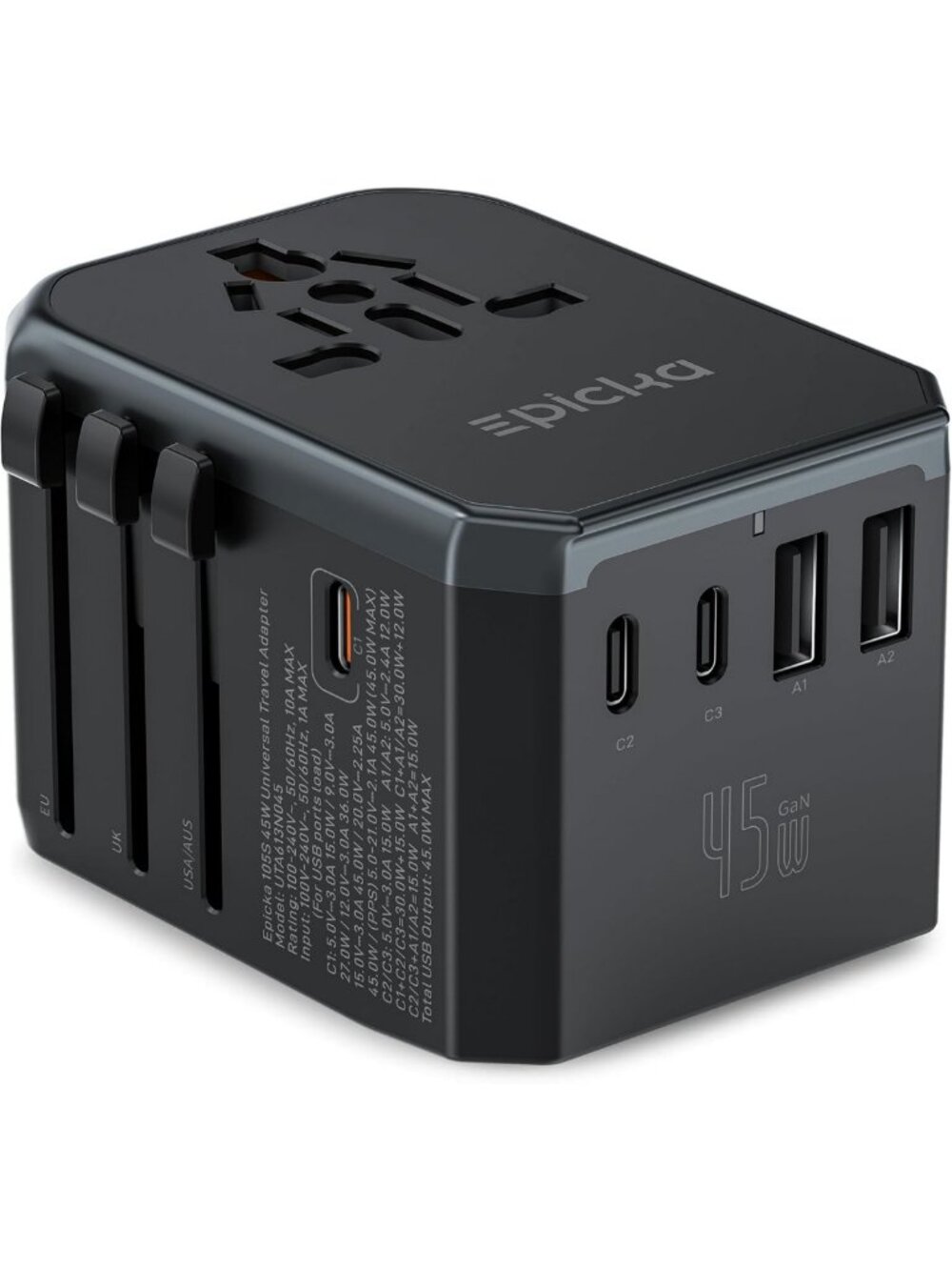 Universal 45W Travel Adapter with PD & QC, 1 AC Port, 4 USB-C & 1 USB-A Ports